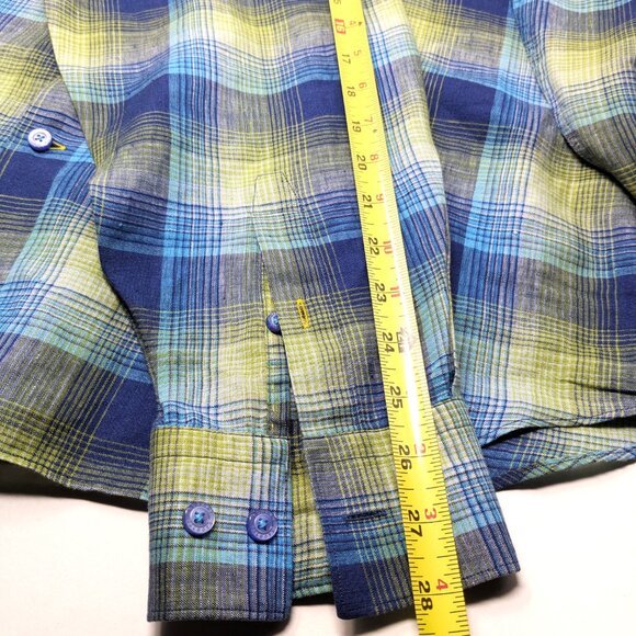 Robert Talbott Linen Shirt XL Long Sleeve Colorful Blue Yellow Plaid button down - Picture 12 of 13